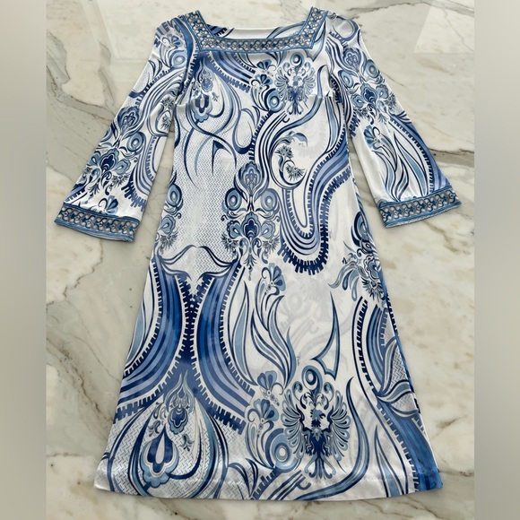 EMILIO PUCCI BLUE WHITE BELL SLEEVE SQUARE NECK DRESS SIZE IT 40 / US 6 - Picture 7 of 16